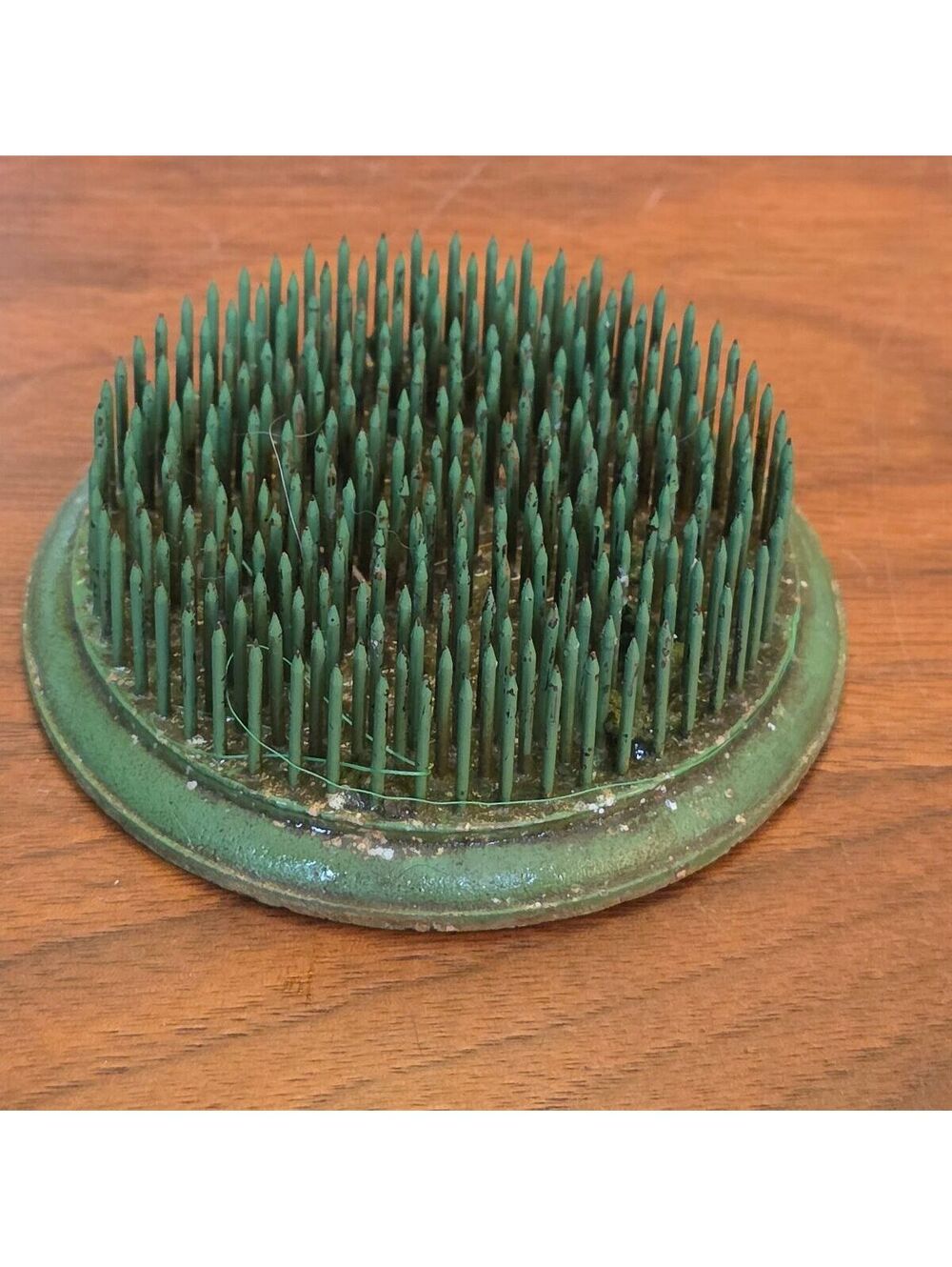 Vintage Green Cast Metal Flower Frog Round Pin Spike Floral Arranger 3 Inch